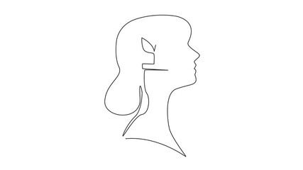 Poster - Animation of single continuous line drawing the head of woman with pot containing flowering plant in the middle of her head. Farmer in her spare time. Inside the Head of Woman. Full length motion