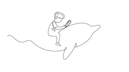 Poster - animation of single continuous line drawing boy reading book on cute dolphin swimming. studying the 