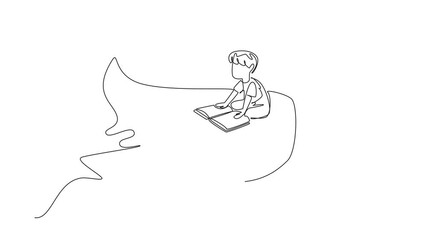 Poster - Self drawing animation of single continuous line drawing boy reading book on cute stingray swimming. Read about poisonous tail of the stingray. Boy Reading Book at Animal Back. Full length animated
