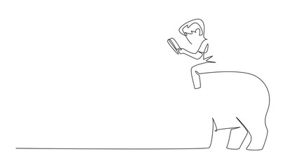 Poster - Animated self drawing of continuous one line drawing boy reading book on cute rhinoceros. Read about one of the largest remaining megafauna. Boy Reading Book at Animal Back. Full length animation