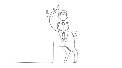 Poster - animation of single continuous line drawing boy reading book on cute horned deer. read a book some f