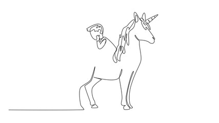 Poster - animation of single one line drawing boy reading book on cute unicorn. get ease of learning. can foc