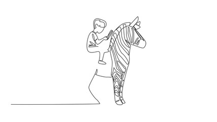 Poster - self drawing animation of continuous one line drawing the boy reading book on cute zebra. seeking kn