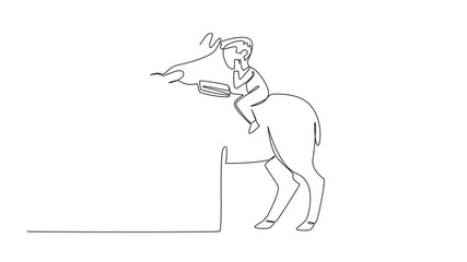 Poster - Animated self drawing of single one line drawing boy reading book on cute moose. Seriously learn to count distribution of moose. Little observer. Boy Reading Book at Animal Back. Full length animation