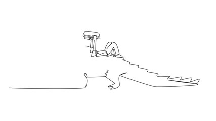 Poster - animated self drawing of single one line drawing boy reading book on cute crocodile. lying on the ba