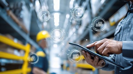 Poster - Worker Using Tablet in Warehouse with Logistics System Icons