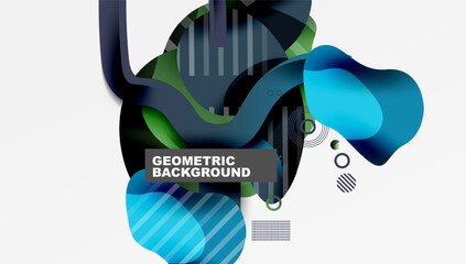 Fototapete - Abstract geometric composition. Overlapping shapes, vibrant blues, greens create dynamic visual effect. Modern design, clean lines, suitable background element.