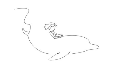 Poster - self drawing animation of single continuous line drawing girl reading book on cute dolphin swimming.