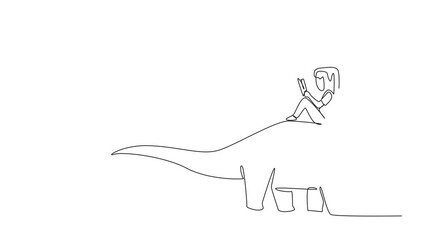 Poster - animation of continuous one line drawing girl reading book on cute brontosaurus. reading stories abo