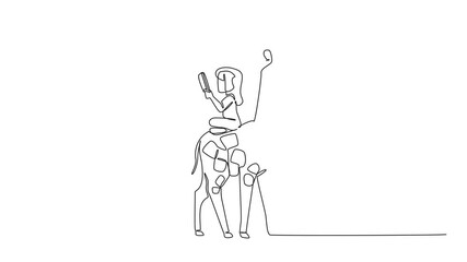 Poster - Self drawing animation of single one line drawing girl reading book on cute giraffe. Read about tallest living land animal. Increase knowledge. Girl Reading Book at Animal Back. Full length animated