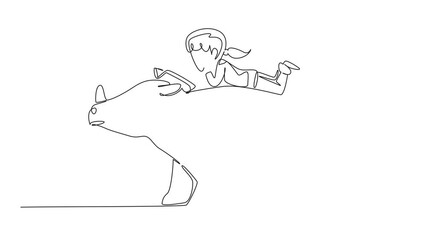 Poster - Animation of continuous one line drawing girl reading book on cute rhinoceros. Reading about the benefits of rhinos to nature. Nerd. Girl Reading Book at Animal Back. Full length motion