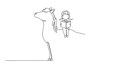 Poster - Animation of continuous one line drawing girl reading book on cute horse. Read about ordinary horse can turn into a unicorn. Fiction. Girl Reading Book at Animal Back. Full length motion