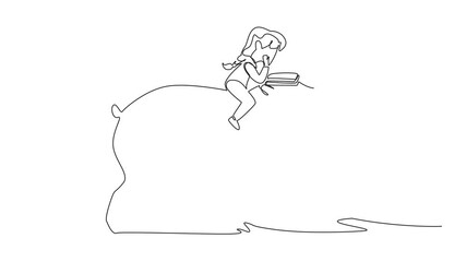 Poster - animated self drawing of single continuous line drawing girl reading book on hippopotamus. learn to 
