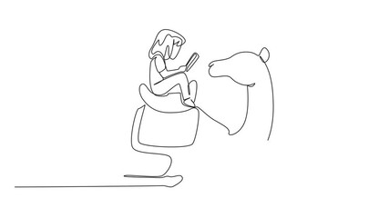 Poster - Animation of ontinuous one line drawing girl reading book on cute camel. Reading the advantages of camels compared to other livestock. Girl Reading Book at Animal Back. Full length motion