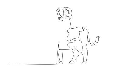 Poster - Animation of single one line drawing girl reading book on cute cow. Read recipe books for delicious meat dishes. Aspiring little chef. Girl Reading Book at Animal Back. Full length motion