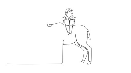 Poster - self drawing animation of continuous one line drawing young girl reading book on cute moose. reading