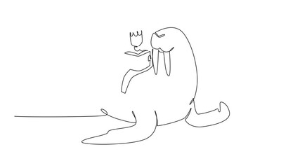 Poster - Animation of single continuous line drawing girl reading book on cute walrus. Cultivate interest in reading. Achieve intelligence. The nerd. Girl Reading Book at Animal Back. Full length motion