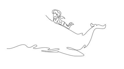Poster - animation of continuous one line drawing the young girl reading book on cute whale swimming. alone o