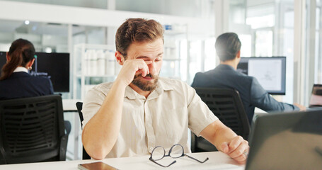 Aufkleber - Eye strain, pain and businessman with stress, anxiety and work pressure in office with laptop. Vision fatigue, exhausted and person with burnout from wrong glasses, lens error or tired and frustrated