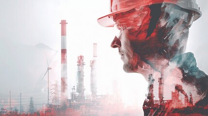 Poster - Male Engineer at Power Plant with Double Exposure Effect