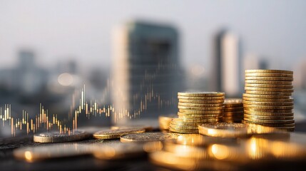 Poster - Double Exposure of Gold Coins with Stock Trading Chart Background