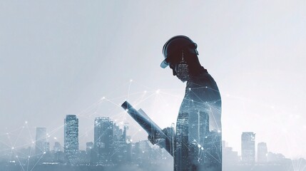 Poster - Silhouette of an Urban Architect Holding Blueprint in Cityscape