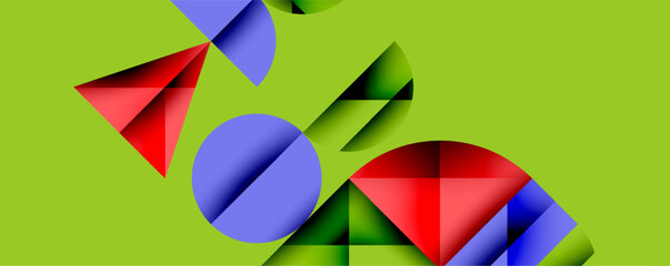 Poster - Abstract composition featuring colorful geometric shapes. Circles, triangles overlap on vibrant green background. Modern design, playful aesthetic, simple forms dominate image.