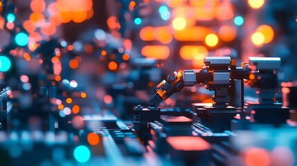 Poster - Abstract image of intricate microchip circuitry with robotic arms manipulating components, illuminated by colorful lights in a futuristic environment