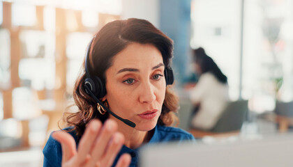Poster - Call centre, communication and woman with headset, lead generation and pitching service to contact for sales. Telemarketing, representative and person with tech for consultation, talking and internet