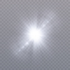 Poster - Realistic glowing explosion of bright shimmer on transparent background and soft white rays. Perfect for highlights, overlays and illustrations.