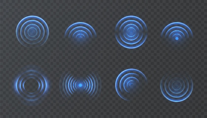 Poster - Set of glowing blue radar rings, sound waves and wireless signal elements on transparent background. Perfect for UI design, data transmission, audio systems, and futuristic HUD interfaces.
