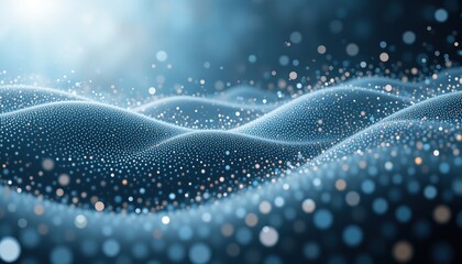 Poster - Dynamic visualization of abstract particles flowing over a flowing surface digital realm 3d render ethereal ambiance close-up perspective concept of energy and motion