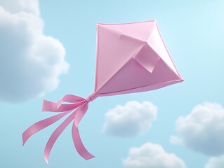 Poster - A pink kite with ribbons floats against a blue sky