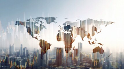 Poster - Double Exposure World Map Merged with Financial Graphics Overview