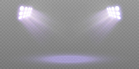 Poster - Twin stage spotlights with soft purple glow and transparent background. Ideal for concert visuals, theater backdrops, studio scenes, or product presentations in modern design.

