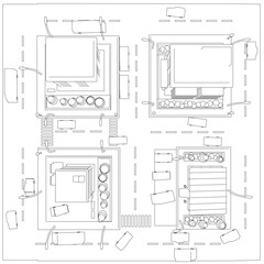 Poster - A drawing of a city street with a house on the left and a house on the right. The street is lined with trees and there are several cars parked along the street. Top view