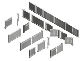 Poster - A series of different types of fences are shown in various sizes and shapes. The fences are made of wood and metal, and they are arranged in a way that creates a sense of depth and dimension