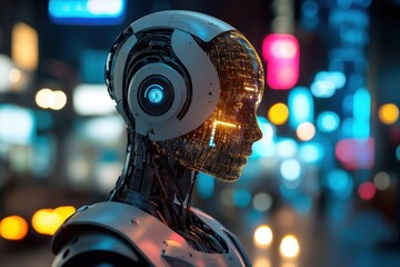 Poster - Futuristic robot head stands in vibrant cityscape illuminated by neon lights at night