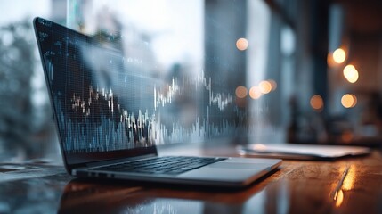 Poster - Double Exposure Office Desk Scene with Laptop and Abstract Data Visuals