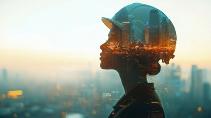 Poster - Double Exposure of Engineer Silhouette with Cityscape Background