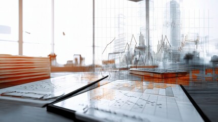 Poster - Double Exposure Financial Report in Modern Office Setting