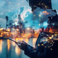 Poster - Double Exposure of Businessman Using Smartphone with World Map Effect