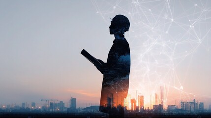 Poster - Urban Architect Silhouette Holding Blueprint at Sunset in City
