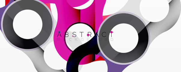 Fototapete - Bright overlapping circles create dynamic composition. Shades range from gray to vibrant pink, purple. Modern design suggests energy, movement, depth.