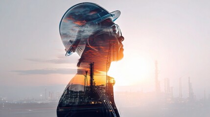 Poster - Double Exposure of Engineer in Safety Helmet Against Industrial Sunset