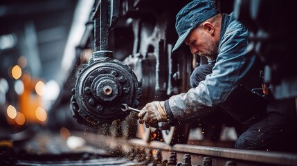 Poster - Engineer Working with Wrench on Railway Train Wheel in Workshop