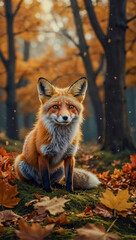 Wall Mural - Cute fox illustration surrounded by autumn leaves.