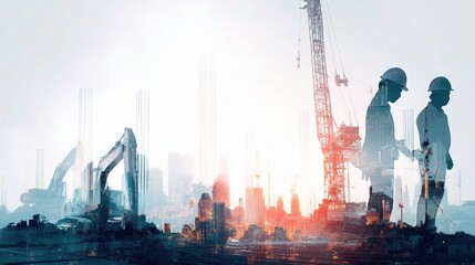 Poster - Futuristic Construction Scene with Engineers and Machinery at Sunset