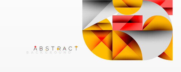 Fototapete - Geometric shapes overlap creating dynamic composition. Orange, red, gray tones dominate design. Modern abstract background suitable for various projects. Clean lines, minimalist aesthetic.