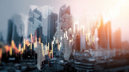 Poster - Double Exposure Abstract Financial Graph Over Cityscape Background